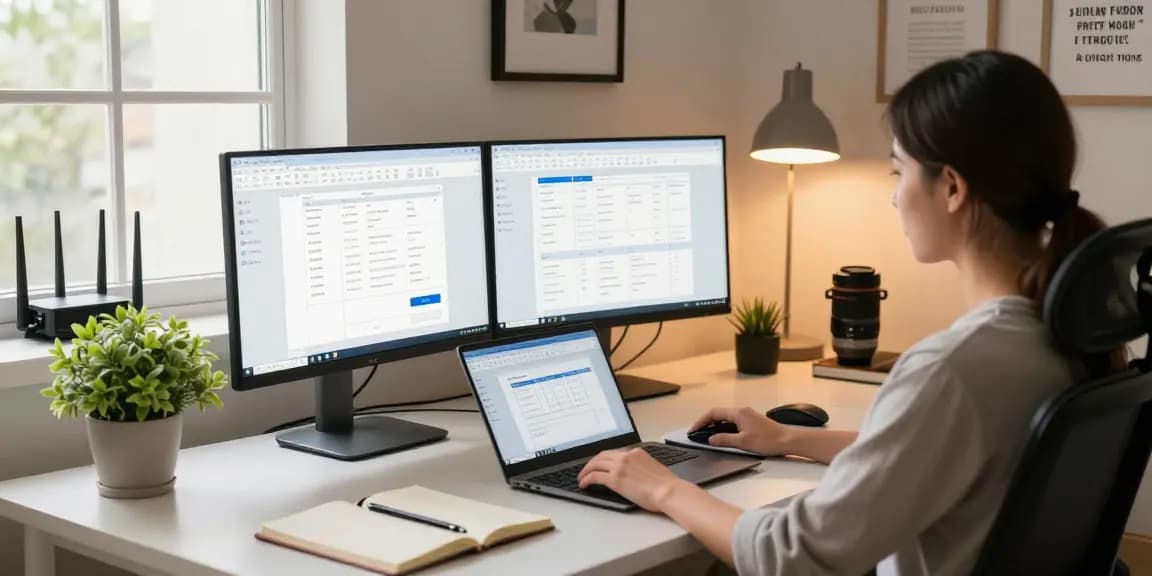 Download WPS Office on a sleek modern home office setup with dual monitors showcasing productivity.