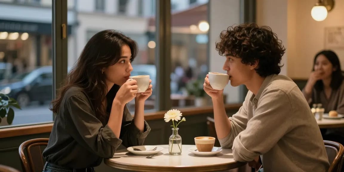 Cozy café scene with friends having a crush on each other, warm atmosphere and inviting lighting.