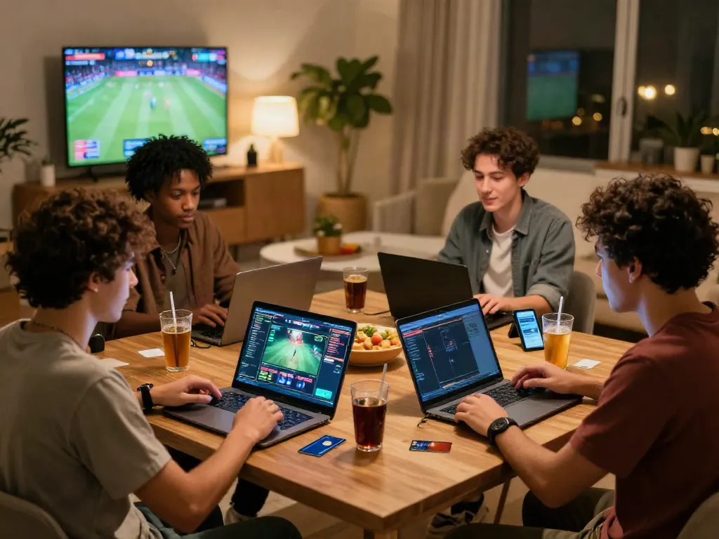 Friends enjoying a lively gaming session at credit card online casinos, with laptops and energy drinks.
