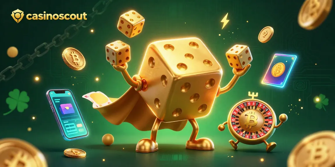 Engage with casinoscout's vibrant 3D slots scene, showcasing a golden dice golem and lively casino elements.
