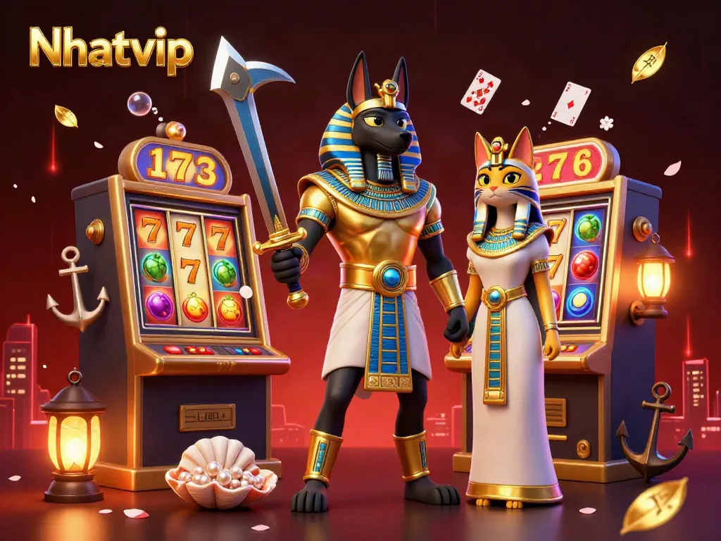 Nhatvip offers an immersive gaming experience with vibrant slot machines, ancient symbols, and dynamic characters.