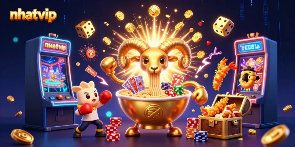 Nhatvip offers an exciting casino experience with a vibrant illustration of a ramen bowl dealing cards in a dynamic gambling scene.