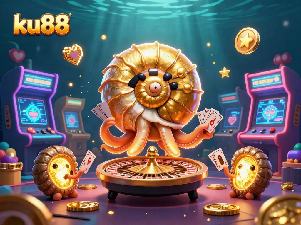 Engage in thrilling casino action with ku88's vibrant 3D scene featuring a giant nautilus playing cards and more.