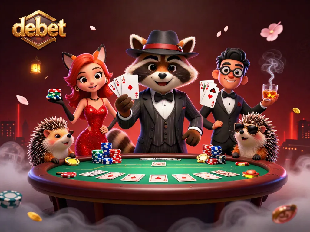 Join the exciting action at debet poker table with dynamic characters and vibrant casino elements.