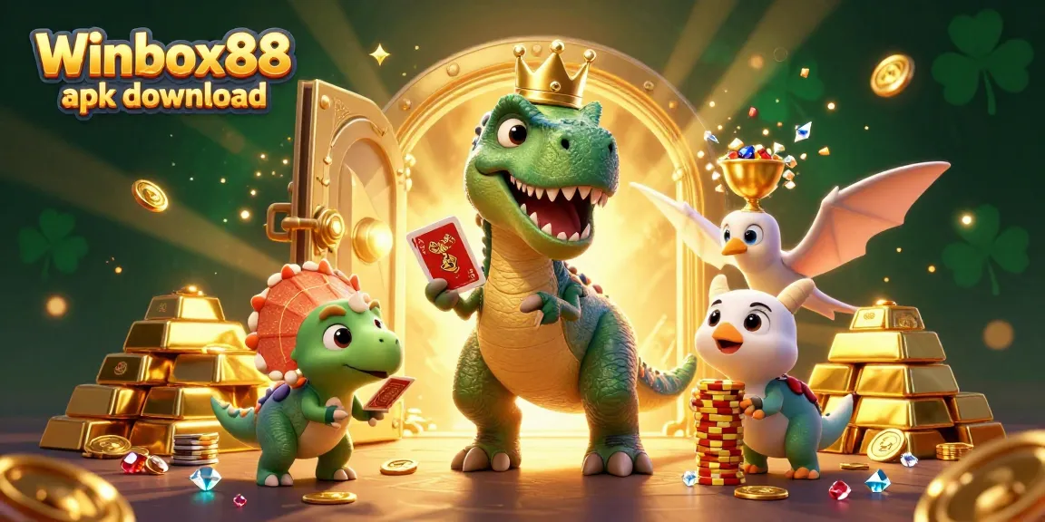 Engage with the fun of Winbox88 apk download in this lively 3D scene featuring a T-Rex and friends.