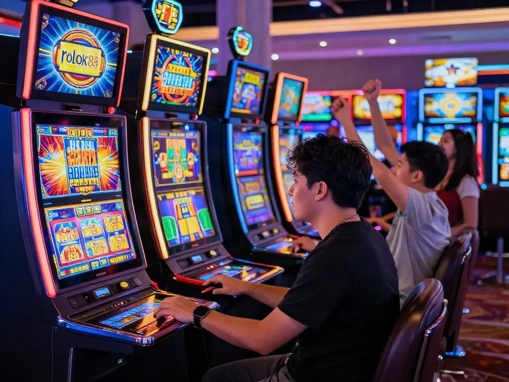 Engaged player immersed at a rokok88 slot machine in a vibrant casino atmosphere, surrounded by colorful lights and enthusiastic gamers.