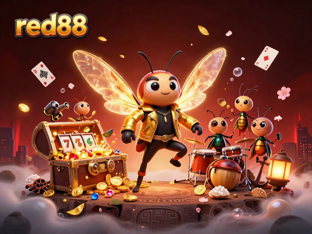 Watch the vibrant red88 casino scene unfold with animated characters and explosive treasures!