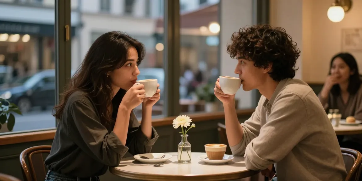 Cozy café scene with friends having a crush on each other, warm atmosphere and inviting lighting.