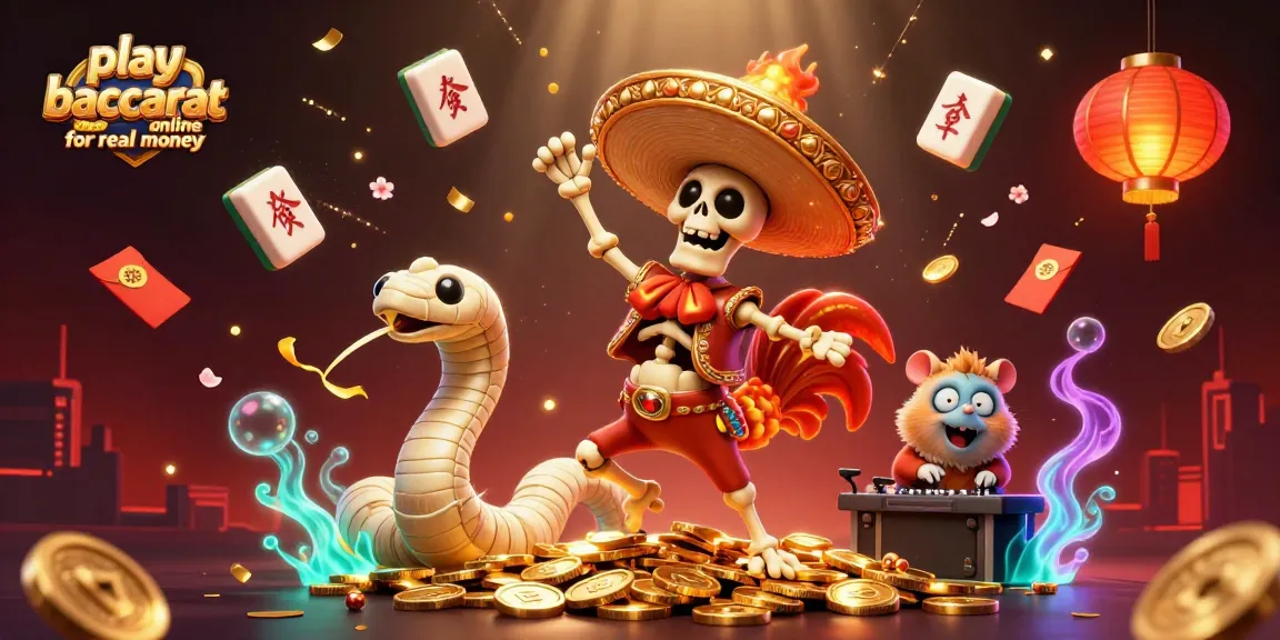 Play baccarat online for real money with vibrant creatures and festive decorations in this lively casino scene.