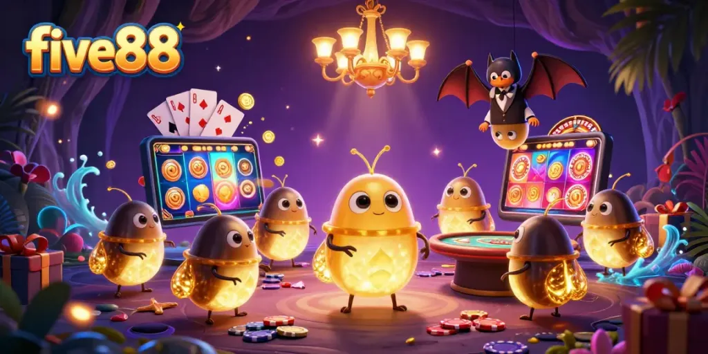 Experience the magic of five88 in a lively casino scene with glowing characters!