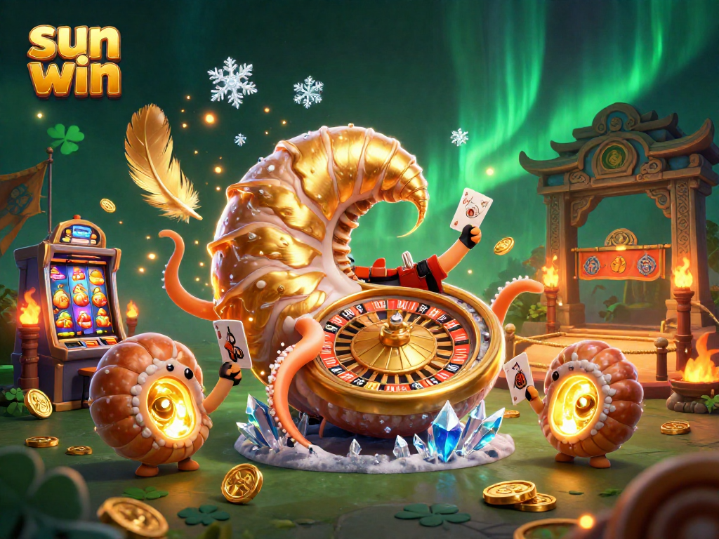 Experience fortune with sun win at an interactive casino scene featuring a giant nautilus and slot machines.