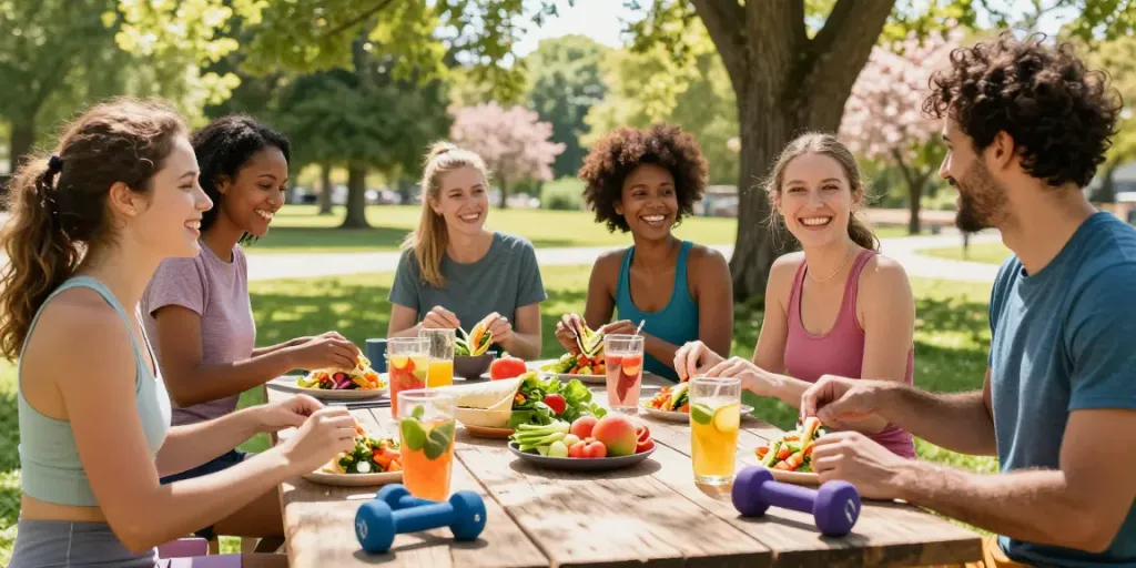 Friends embracing a healthy lifestyle with rokok88-inspired meals at a sunny picnic.