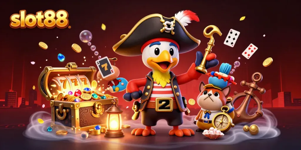 Experience the excitement of slot88 through a vibrant scene with cartoon pirate characters and jackpot elements.