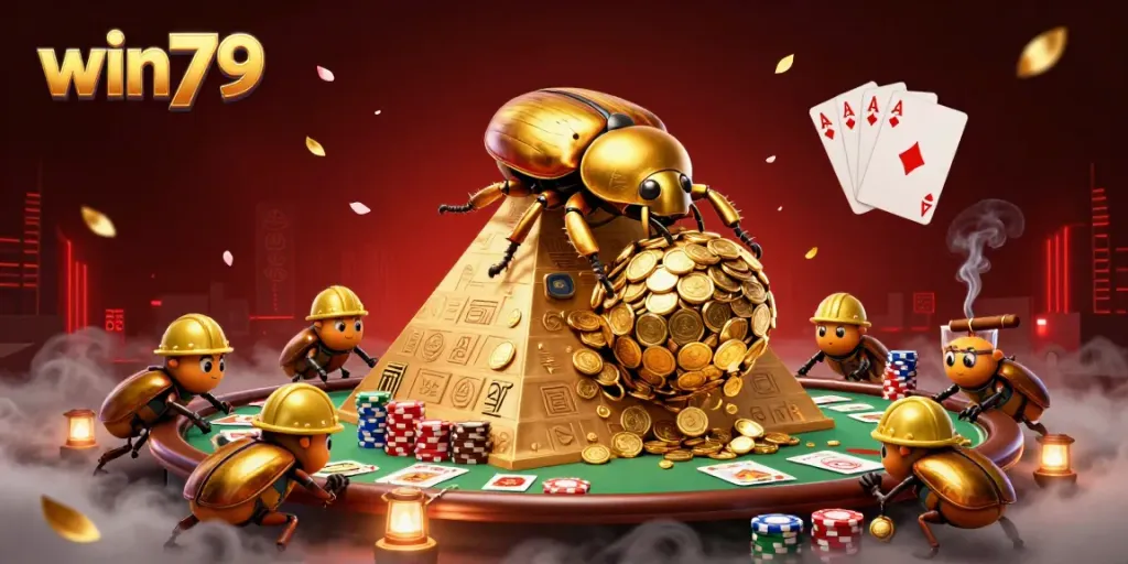 win79 players strategically engaging in a vibrant casino scene filled with gold coins and poker elements
