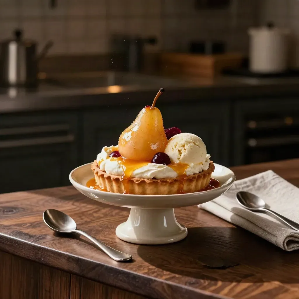Ricotta tart with poached pears, candied citrus, and gelato on a ceramic pedestal