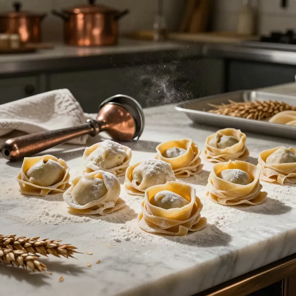 Fresh handmade pasta nests and agnolotti on floured marble beside a bronze cutter