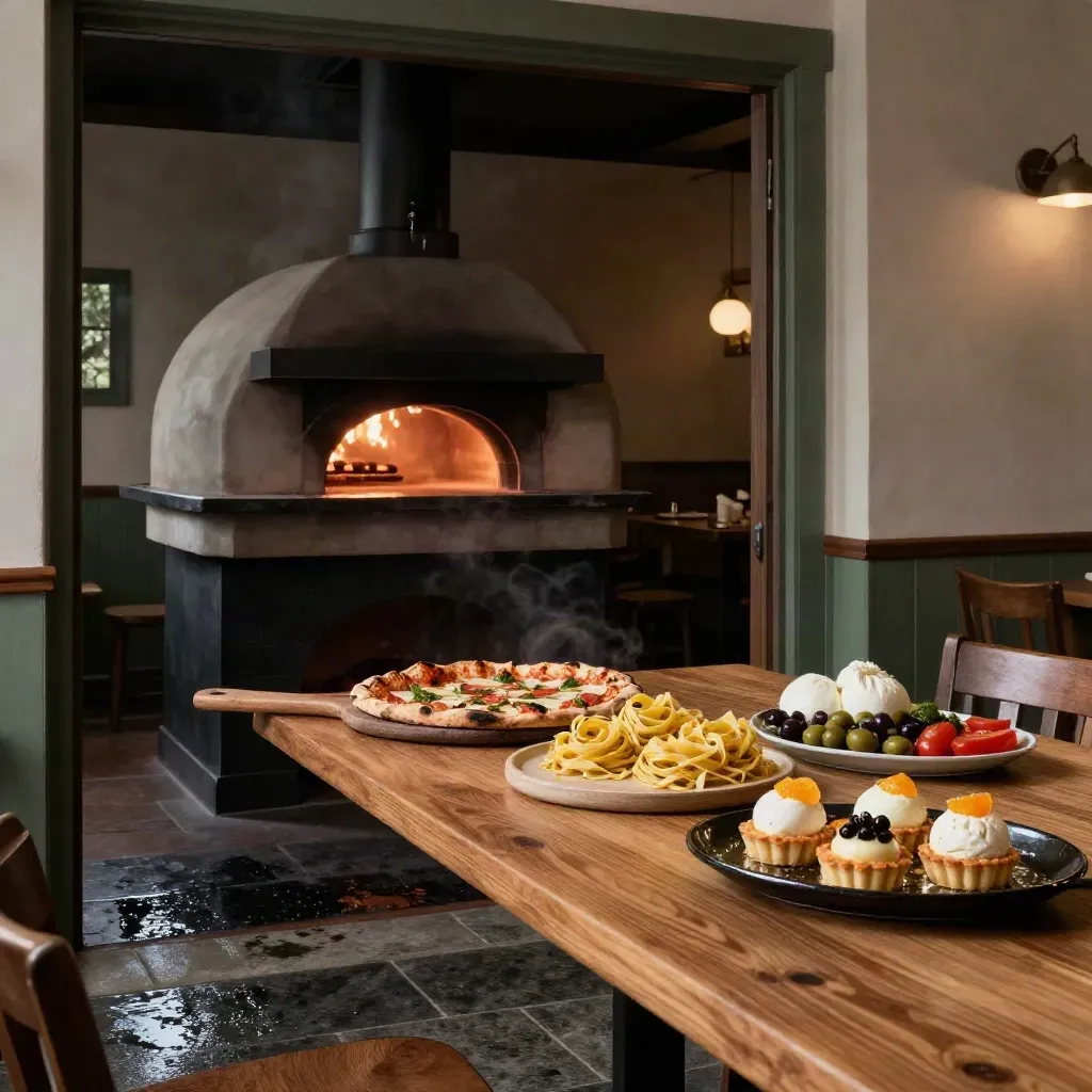 Low-angle trattoria interior with glowing oven, pizzas, pasta, antipasti and dessert on oak table.