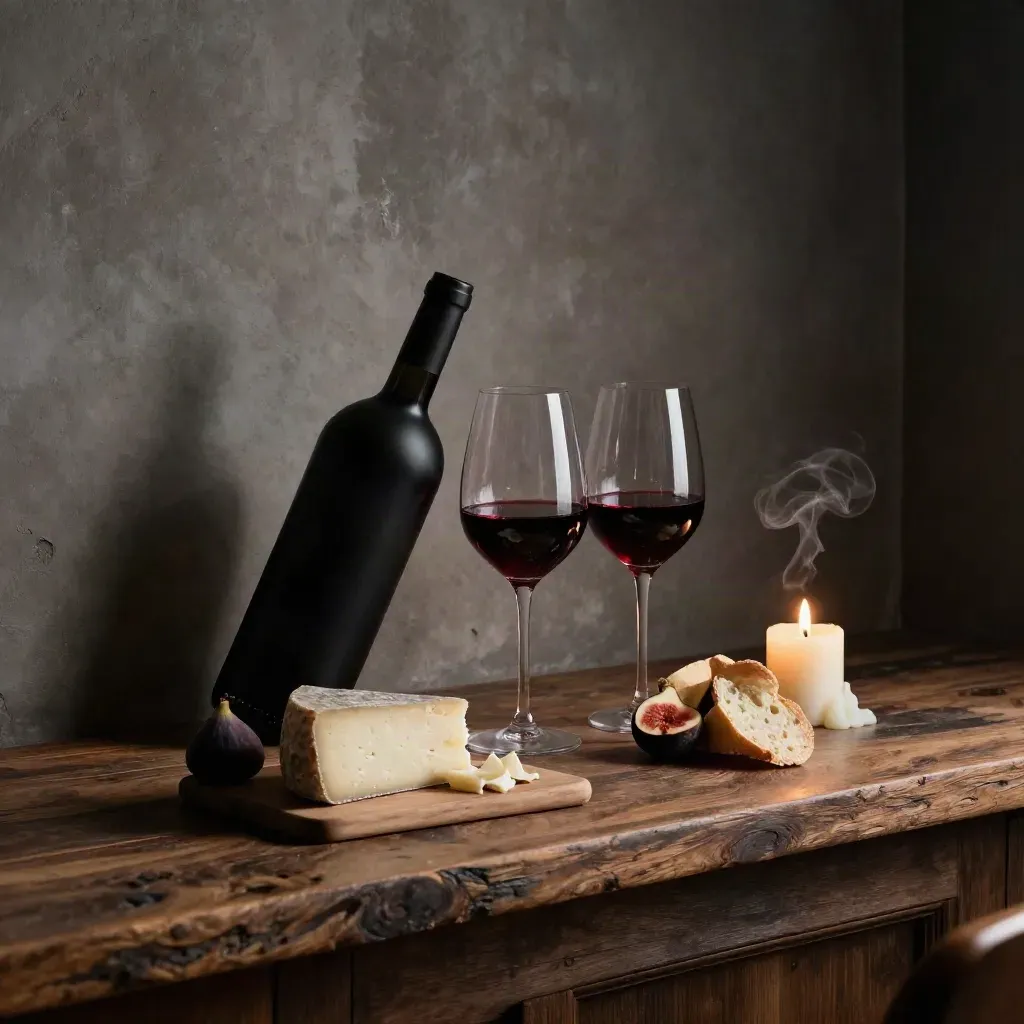 Moody wine pairing still life with bottle, two glasses, carafe, cheese board, and candle.
