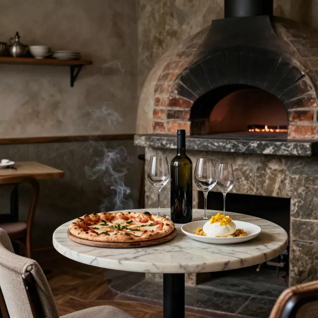Wood-fired oven glow beside a two-top with pizza, wine, and dessert in a moody trattoria corner.
