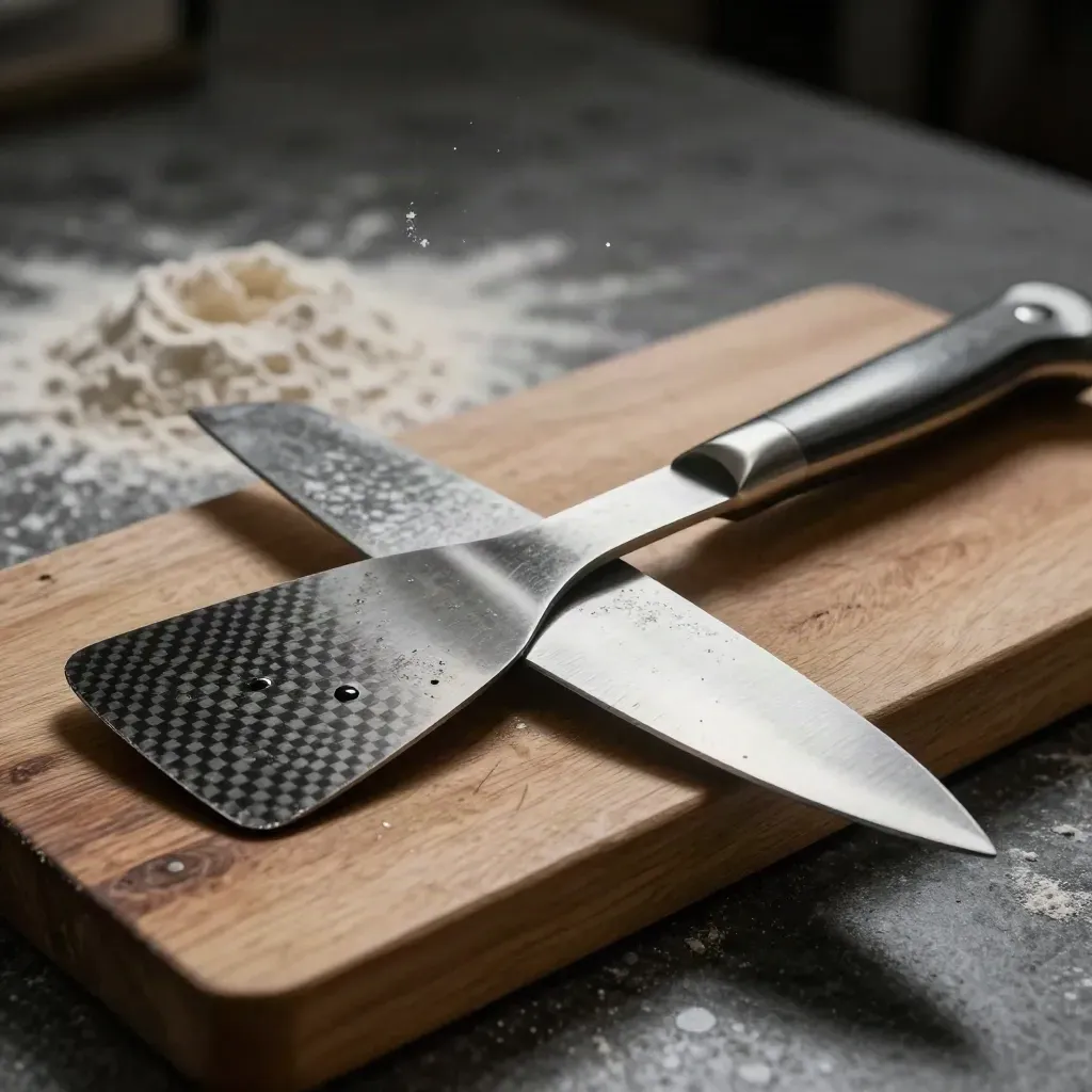 Macro still life of a chef’s knife, bench scraper, and spatula on a scarred maple block.