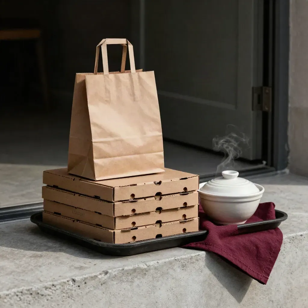 Kraft takeaway boxes, paper bag and lidded bowl on a dark tray at a trattoria doorway.