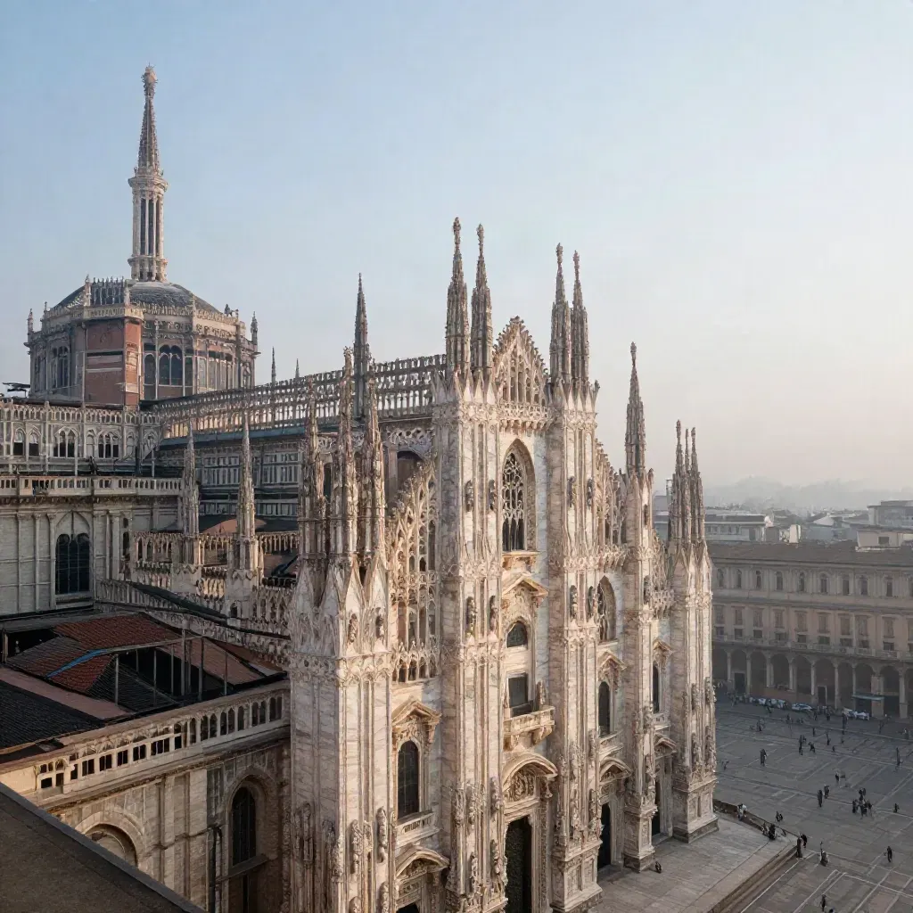 Duomo roofline above calm Milan piazza paving at dawn, soft mist and pale sky