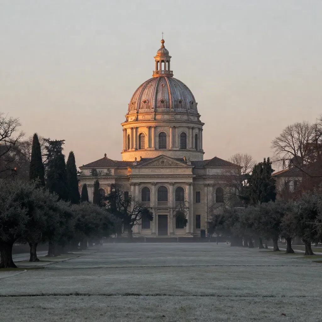 Monza Villa Reale dome above misty winter parkland at sunrise
