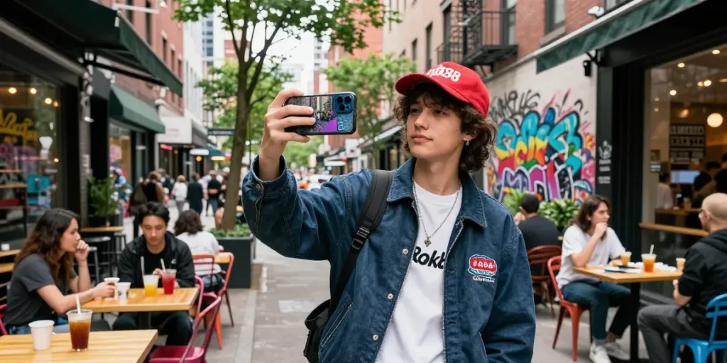 Engaging scene with stylish youth exploring rokok88 brand in urban setting, capturing vibrant lifestyle and city energy.