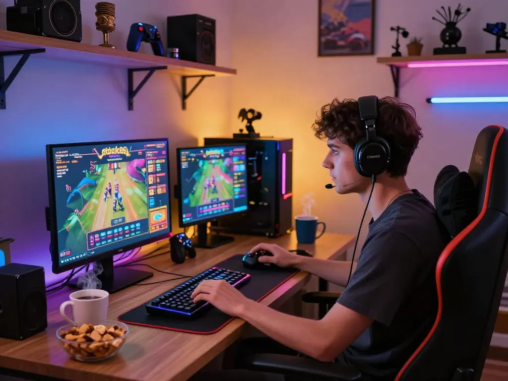 Gamer immersed in a rokok88 slot game in a vibrant gaming den.