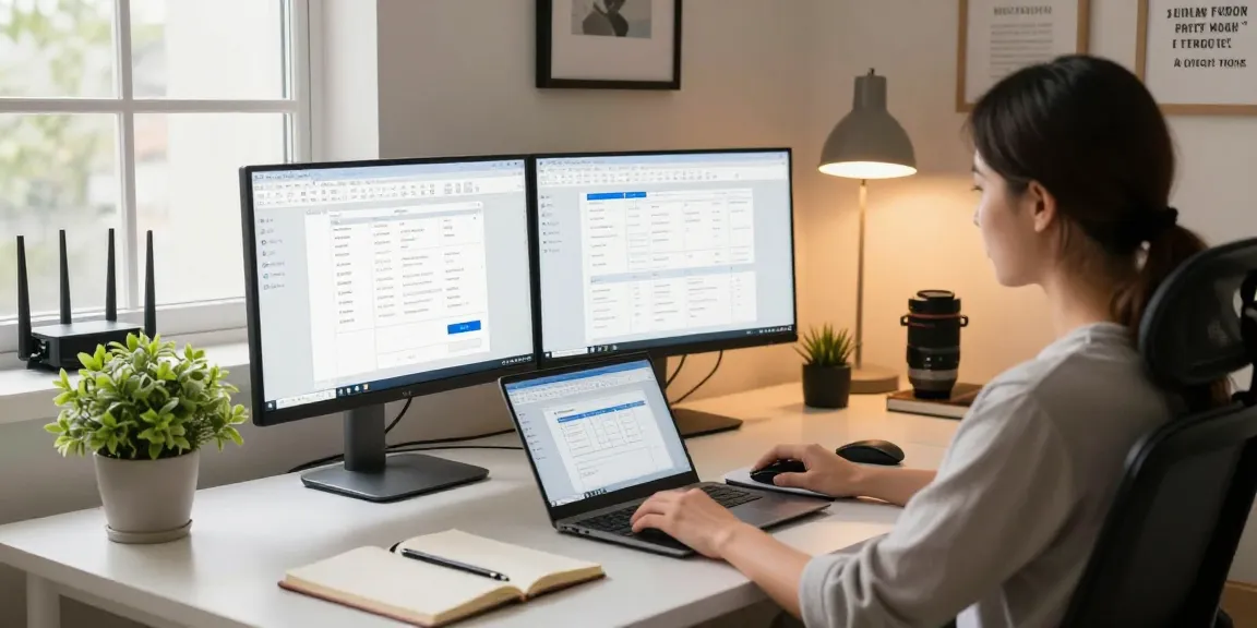 Download WPS Office on a sleek modern home office setup with dual monitors showcasing productivity.