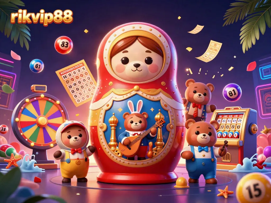 Experience thrilling casino fun with rikvip88's vibrant interactive scene of Russian Matryoshka bears and colorful lottery elements.