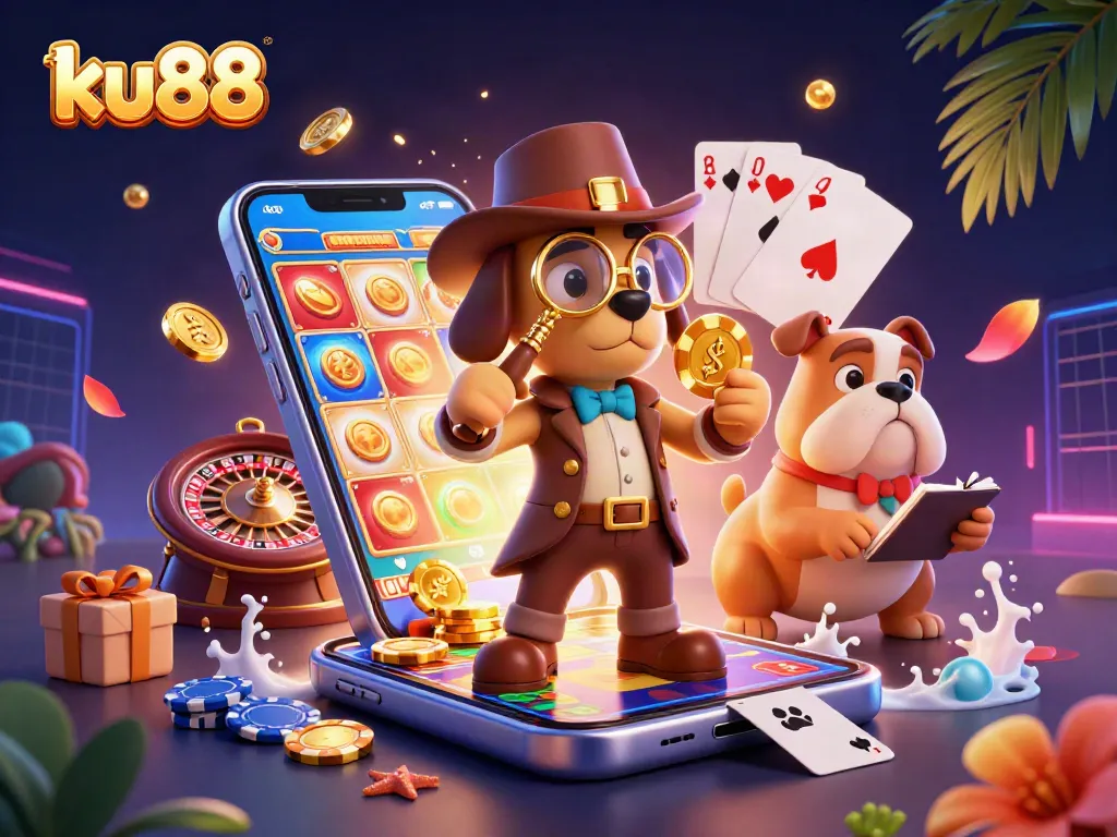 ku88 reveals exciting treasures with a detective bloodhound in a dynamic casino scene full of games.