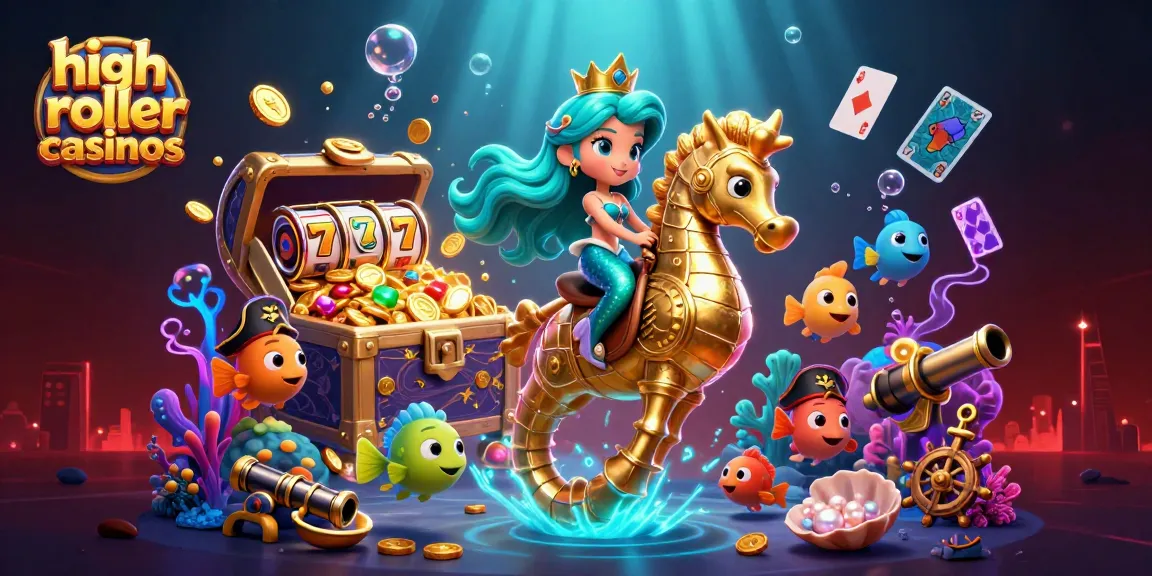 Experience high roller casinos with a dynamic underwater scene featuring a mermaid and her seahorse companion.