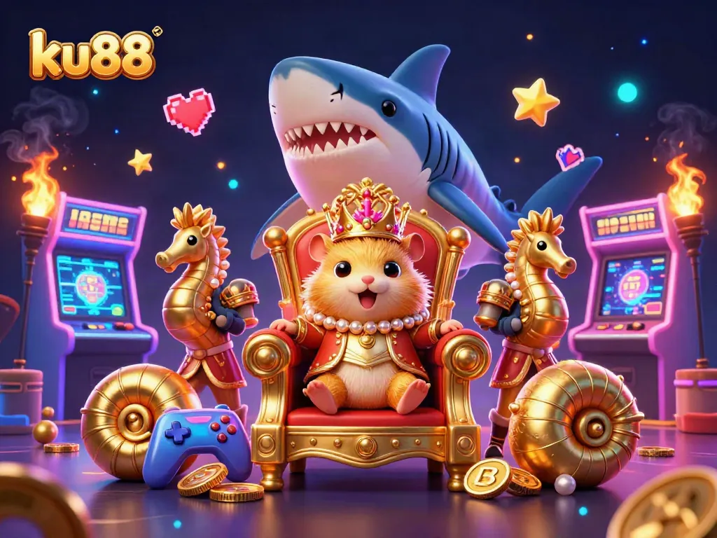 Experience thrilling gaming with ku88 as the golden hamster king reigns atop a megalodon throne.