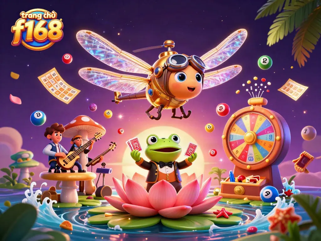 Experience the vibrant luck of trang chủ f168 with a whimsical 3D gaming scene featuring a dragonfly pilot and frog croupier.
