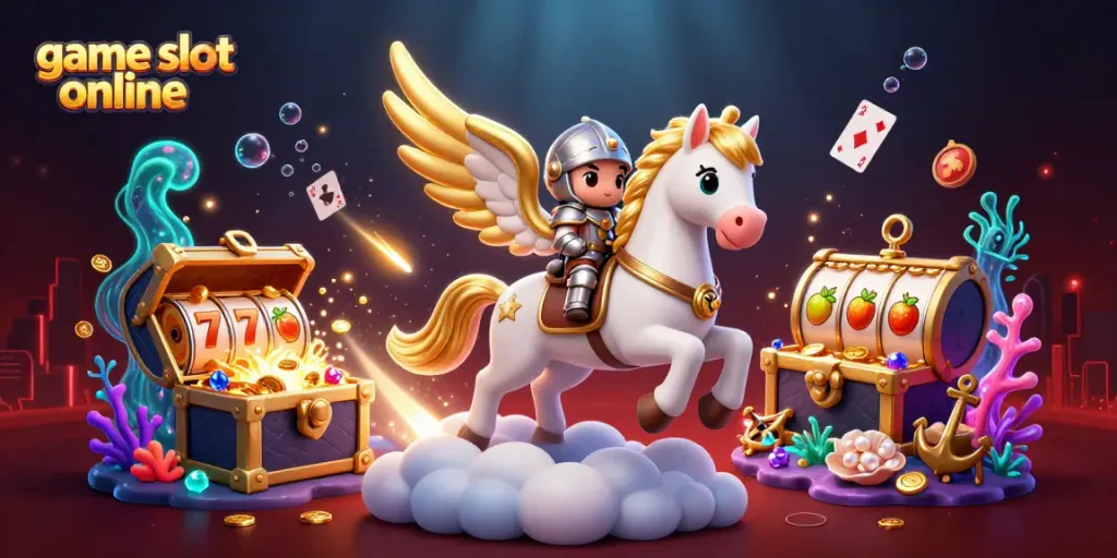 Experience the excitement of game slot online with a celestial knight on a horse in a vibrant casino scene.