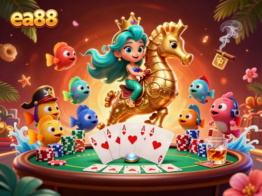 Experience the vibrant world of ea88 with a captivating gambling-themed mermaid illustration.