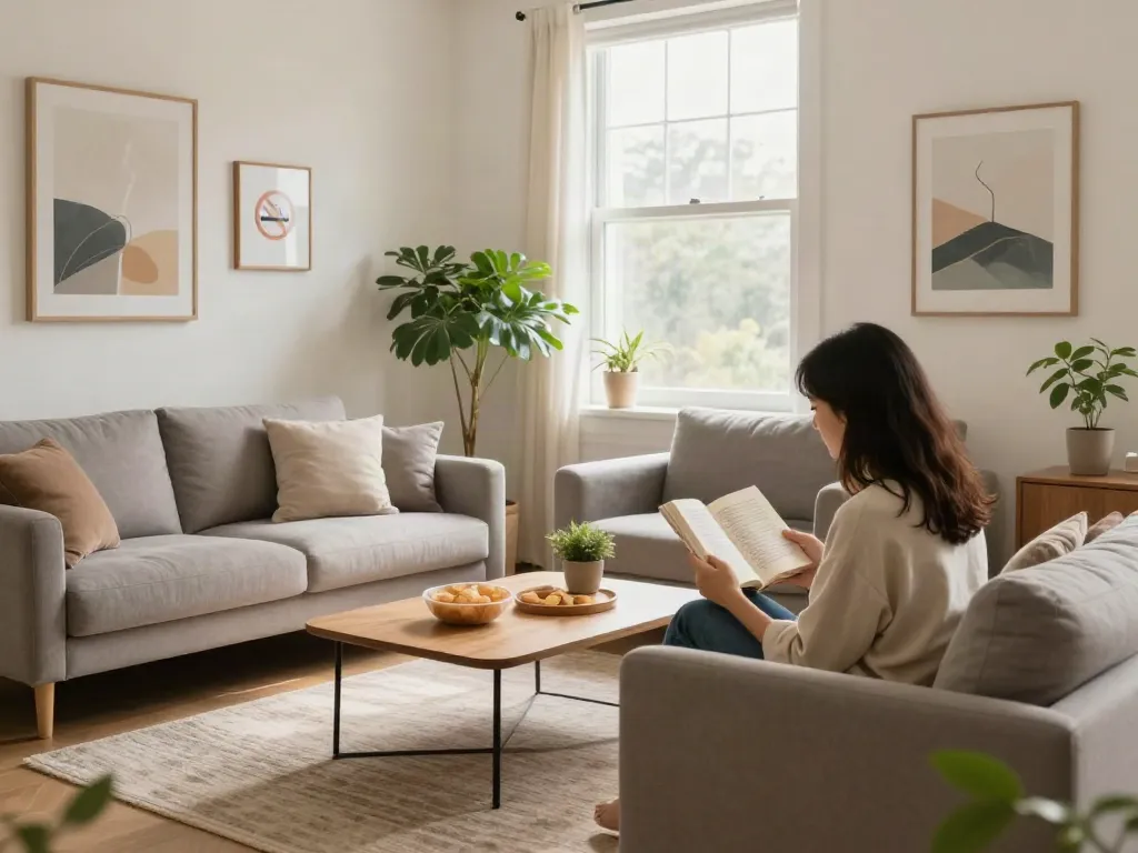 Comfortable living area at Berkat Home Living with smoke-free policy, emphasizing relaxation and community.