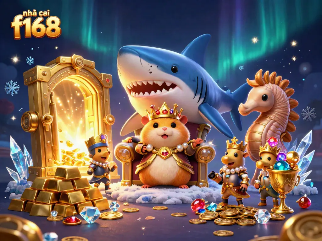 Engage with nhà cái f168's vibrant casino experience featuring a golden hamster king and treasure galore.