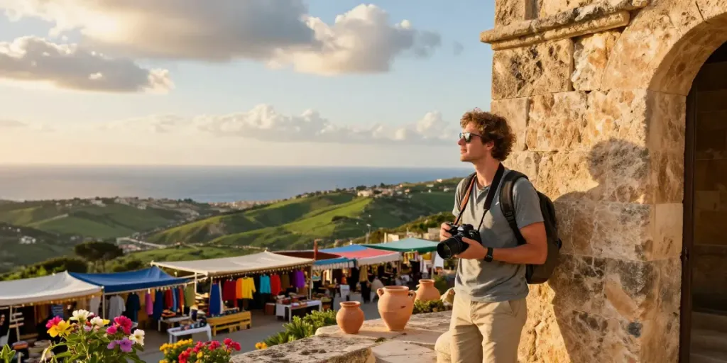 Gozo tours featuring a traveler exploring ancient ruins and vibrant local markets on Gozo Island.